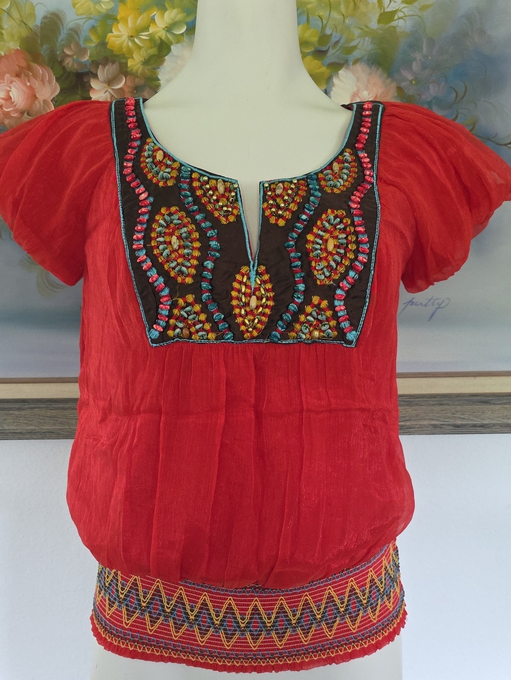 Carlie Red Embroidered Puff-Sleeve Women's Top